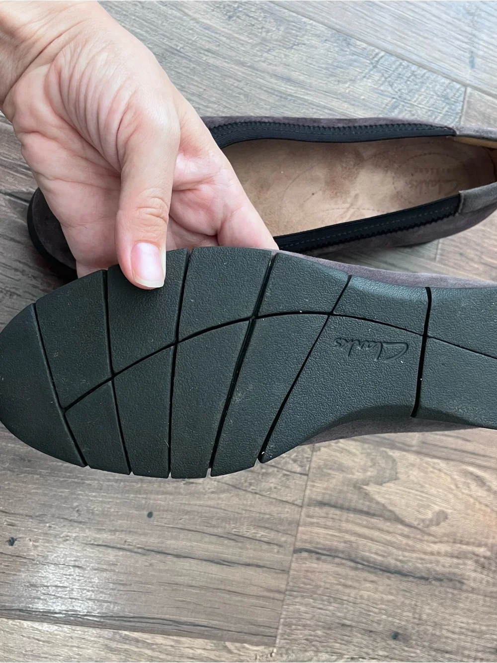Clarks Taupe Suede Ballet Flats with Black Trim